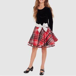 Bonnie Jean NWOT Lucy Girl's Long Sleeve Velvet Black Red & Silver Plaid Size 12